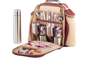 Greenfield Collection 2 Person Deluxe Picnic Set Rucksack With 1L Thermos Flask; Picnic Hamper Includes Cutlery Set; Perfect Waterproof Coolbag Backpack for Outdoors; Camping/BBQ/Hiking - Red