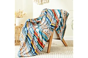 Qucover Przytulny koc do mieszkania, 130 x 150 cm, dwustronny, kolorowy koc w stylu boho, puszysty i miękki, koc na sofę, koc polarowy, kolorowe paski, koc na sofę, do podróży, do namiotu, do użytku