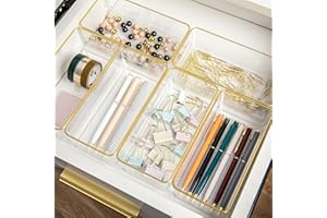 Martha Stewart Kerry Plastic Stackable Office Desk Drawer Organizers, 6" x 3", 6 Pack, with Gold Trim
