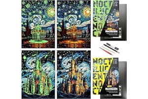 SIYEAR Scratch Paper Art,Scratch Painting World Famous City DIY Night View Scratchboard for Adults and Kids with 4 Tools,Size 11.2''x16'' (Castle + Amusement Park)