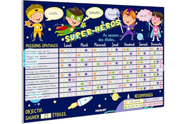 PACKLIST Tableau de Récompenses pour Enfants en Français Super-HÉROS – Tableau des Responsabilités Personnalisable pour Inspirer Un Bon Comportement Éduquer dans Le Positif – Produit 100% Papier