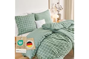 ‎BLUMTAL Blumtal Biber Bettwäsche 135x200 + 80x80 cm Baumwolle 2teilig - Flanell Bettwäsche 135 x 200 Oeko-TEX zert. & ultraweich - 60 °C waschbare Flanell Winterbettwäsche mit edlem Wendedesign - Sommergrün