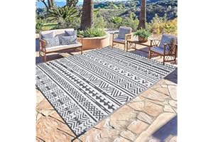 SHACOS Tapis d'Exterieur pour Terrasse Gris 150x240cm Tapis de Sol Pique Nique Réversible Pliable Tapis de Camping Exterieur avec Motif Géométrique Tapis Tissé à Plat pour Terrasse, Balcon, Camping