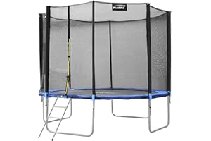 Hauki Trampoline d'Extérieur, Ø183/244/305/366/427 cm, Bleu/Vert, Certifié GS, Trampoline Rond, jusqu'à 150 kg, Set Complet avec Filet de Sécurité, Échelle, Couverture du Bord, Barres Rembourrées