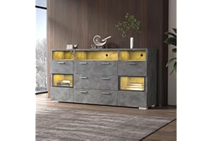 ‎MERAX Merax Sideboard mit LED-Beleuchtung, Modernes Kommode mit 2 Türen, 3 Schubladen, offener Stauraum, Mehrzweckschrank mit transparenten Acryltüren, Standschrank Flurschrank für Wohnzimmer, 140cm, Grau