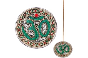 SNADI Kadzidło (kadzielnica). Okrągły aluminiowy uchwyt na kadzidełka z wkładkami. Zielony projekt Om. Ręcznie robione w Indiach. (Zielony)