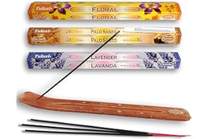 MUNDO AVIOS Kit Soporte Quemador porta Incienso con Varillas para Quemar, Sticks Palo Santo, Floral y Lavanda. Caja de Madera Natural para Varilla y Cono. Diferentes Packs de quemadores de inciensos para Elegir.