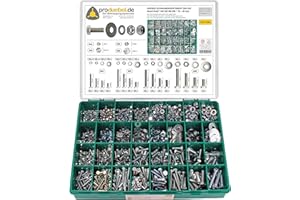 PRODUEBEL.DE DER BEFESTIGUNGSSPEZIALIST Großes Schrauben-Sortiment 1751-teilig – DIN 933 Sechskantschrauben M4–M8 inkl. Muttern, Unterlegscheiben & Stoppmuttern – verzinkter Stahl – Standardbox