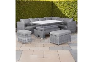 Club Rattan Isobella Range Right Hand Corner Sofa in Large Grey -9 Seater Garden Rattan Furniture Set Including an Outdoor Sofa, One Stool, One Bench，Height adjustable table, Cushions