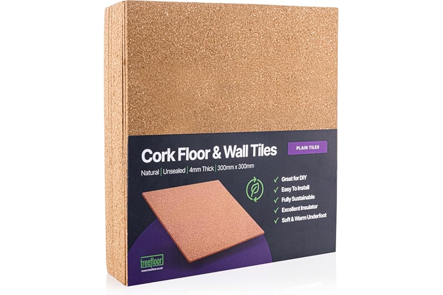 Treefloor Natural Plain Cork Tiles - 300mm x 300mm x 4mm (Pack of 16)