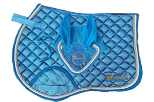 Royalian Equestrian Horse Glitter No-slip Pony Jumper Saddle Pad With Fly veil Equestrian Bareback Riding Jumper Fly Veil Set tapis de selles For All Purposes Easy To Fit Firm (Ferozi)
