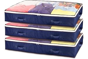 Stackzy Flat Clothes Underbed Storage Bags – Sturdy Fabric Storage Solution – Foldable Underbed Container and Closet Organiser – Reinforced Storage Bin for Clothes – 3pcs, Blue 75L Capacity