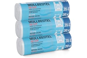 SUNMONDO 60 Stück Müllbeutel Premiumline: 35 Liter, 3er Pack, Größe: 54 x 63 cm - Besonders reißfest und wasserdicht - Mit Trage-Griff/Henkel