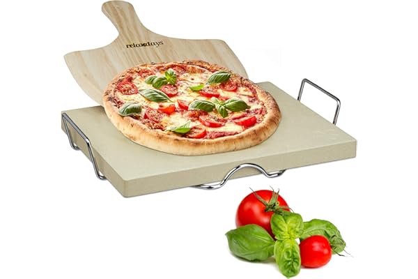 Relaxdays 10020489 Pierre à pizza 3 cm épaisseur pierre à pain rectangle support en métal pelle à pizza en bois HxlxP: 7 x 43 x 31,5 cm, nature