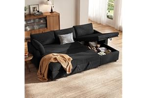 HOMRELEXA Corner Sofa Bed, Corduroy L Shaped Sofa, Convertible Pull Out Sectional Couch Bed with Storage, Reversible Chaise for Left or Right, Ideal for Lounge, Black