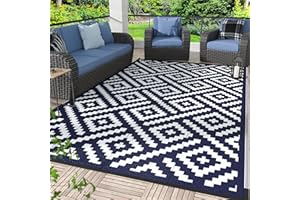 GENIMO Outdoor Rug Waterproof, 150x245cm Reversible Camping Mat, Plastic Picnic Blanket for Garden, RV, Camper, Balcony, Backyard, Deck, Navy Blue & White