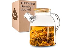 COSUMY Teekanne Glas 1,5 Liter mit Holz Deckel und Filter - Für heiße und kalte Getränke - Spülmaschinenfest - Kälte- und Hitzebeständig - Ideal Sommer oder Winter