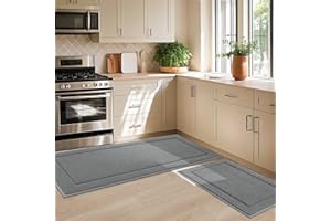 JSEI Non-Slip Kitchen Mats, Self Adhesive No Sliding Kitchen Rugs Set of 2, Soft Washable Absorbent Floor Rugs for Area Rug, Kitchen, Entrance, Bathroom, Bedroom, 61x91cm+61x152cm, Light Grey