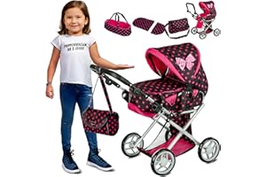 Kinderplay Puppenwagen 3-in-1 – Leichter Alu-Rahmen & leise Schaumräder – Höhenverstellbar 33–62 cm – Für Puppen bis 40 cm – Mit Tragetasche & Umhängetasche, faltbar