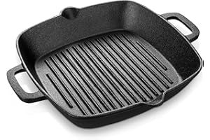 ‎VELAZE Velaze Grillpfanne Gusseisen 32x27,5 cm, Gusseisenpfanne Grill, Bratpfanne mit Ausguss, Feuerpfanne mit 2 Henkeln, Eingebrannt, Steakpfanne für Gasgrill, Ideal zum Camping und Garten