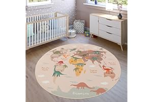 Paco Home Tapis Enfant, Tapis Poils Ras Chambre Enfant Différents Designs Tapis Jeu Coloré, Dimension:200 cm Rond, Couleur:Beige 2