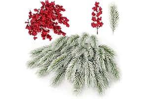 ‎YMIFEEY YMIFEEY 50/45pcs Artificial Fir Branches with 10 Red Berry Stems 26cm Silicone (40 Fir Branches 10 Berries)
