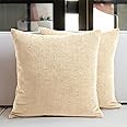 Encasa Homes Chenille Cushion Covers 2 pcs Set - Natural - 50 x 50 cm Textured Solid Colour, Soft & Smooth, Square Accent Decorative Cushion for Couch, Sofa, Chair, Bed & Floor