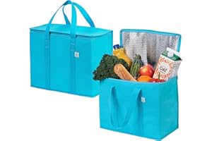 VENO 2 Pack Insulated Reusable Grocery Shopping Bag, Food Delivery, Cooler Bag, Heavy Duty, Large Size, Durable Handles, Dual Tab Zips, Lid, Stands Upright, Collapsible, Sustainable (Cyan, 2 Pack)