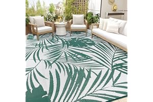 Famibay Outdoor Rugs for Garden Waterproof Patio Rug Reversible Plastic Straw Rug Camping Mat Portable Picnic Blanket for Balcony Deck Backyard Porch Beach BBQ(Green-White, 150 x 245 cm)
