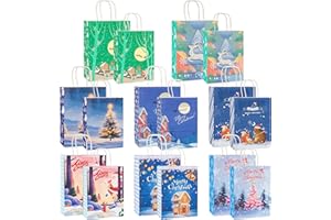 Geschenktüten Weihnachten, 16 Stück Mittel Klein Weihnachtstüten Papiertüten mit Griff, Weihnachts Kraft Geschenktaschen, Zur Aufbewahrung von Geschenken, Partyzubehör Süßigkeiten, Kekse,Geburtstag
