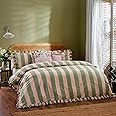 Wylder Nature Birdie Stripe Cotton Rich Frilled Duvet Cover Set, Pink/Green