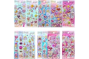 Meafeng Adesivi Puffy 3D Scuotibili, 178 Stickers Decorativi per Bambini con Castello Arcobaleno, Bacchette Magiche, Palloncini, Cuori, Feste e Altro - Per Scrapbooking, Regali, Diari (12 Fogli)