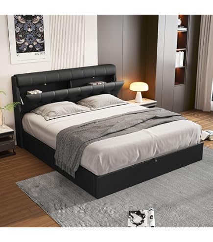 Kicode King Size LED Floating Bed Frame, PU Black, With Storage Headboard And Charging Station - View #8