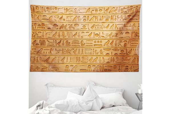 ABAKUHAUS Egypte Tapisserie, Composition hiéroglyphes, Décoration murale en tissu pour chambre à coucher salon dortoir, 230 x 140 cm, Orange Pâle Ambre