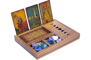 Curawood Tarot Card Holder Box More Immersive Readings 3 Tarot Card Stand & Crystal Holder Moon Phase Design Tarot Display Deck Holder & Crystal Tray Witchcraft Decor Wiccan Altar Supplies, Brown