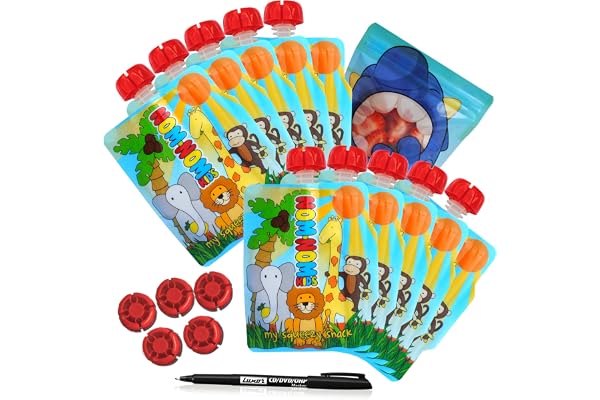 Nom Nom Kids ANIMAL Gourdes Réutilisables pour compotes et purées 140ml - 10 pack + 5 bouchons supplémentaires + 1 stylo, Sans BPA, Compatibles Congélateur et Lave Vaisselle