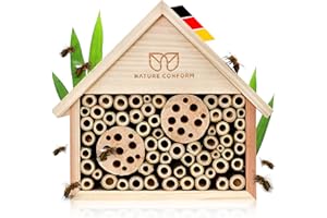 Nature Conform Bee Hotel Made of Natural Wood, Insect Hotel, Clean Processing with Bamboo Tube, Nesting Aid Wild Bee Hotel, Garden and Balcony, Bee House