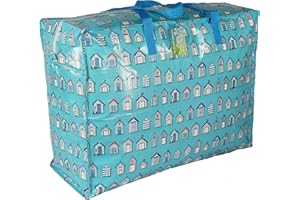 THE PESCARA COLLECTION Extra Large Storage Bags Water & Dust Resistant. Double zipped storage bags for toys, laundry, bedding. Underbed Wardrobe Space Saver Blue Beach huts (65 ltr)