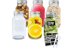 volila Słoik Mason - 6 Opakowań Słoików Mason z Pokrywkami - 1L do Słoików Sałatkowych, Płatków Owsianych lub SłoikówOgórkowych - Słoik Mason z Etykietami, w Zestawie Długopis i Gąbka