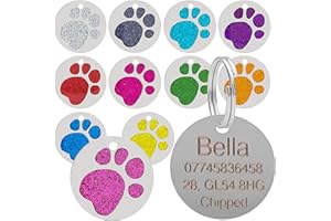 TSM Quality Light Blue 25mm Glitter Paw Design Pet Id Tag, Dog, Cat, Free Engraving and P&P
