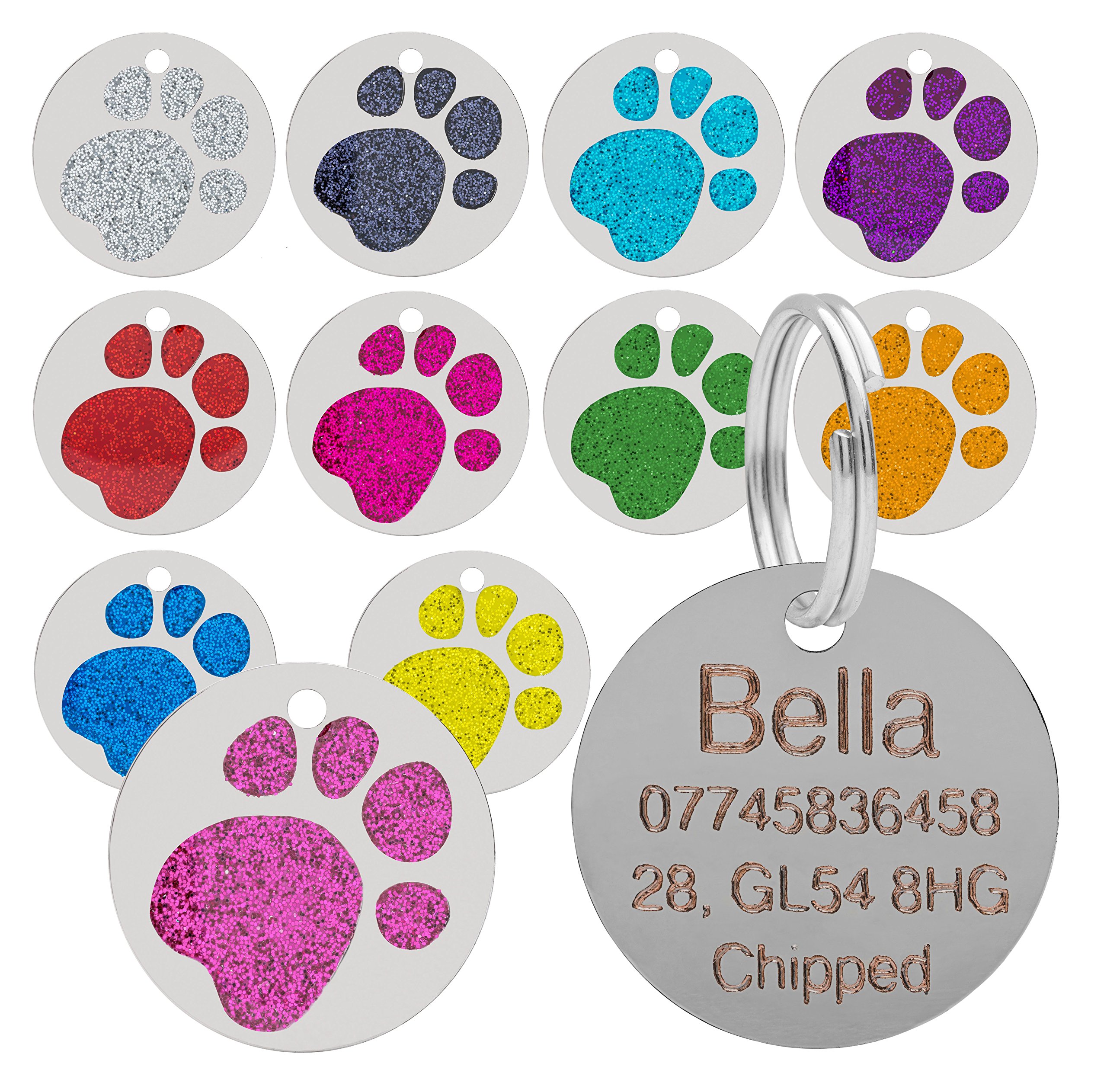 Quality Blue 25mm Glitter Paw Design Pet Id Tag, Dog, Cat, Free