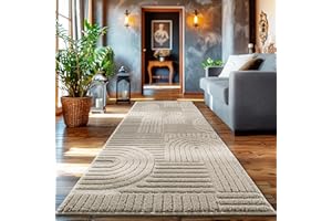 ‎HOMEBYHOME HomebyHome Kurzflor Teppich Läufer 80 x 250 cm Beige Hoch-Tief 3D Effekt Teppich Waschbar, Flauschig und Extra Weich - Skandinavisch Boho Muster Teppich für Wohnzimmer, Schlafzimmer und Küche