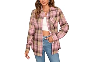 Stamain Womens Flannel Checked Shirts Casual Long Sleeve Plaid Shirt Ladies Classic Check Blouses Top with Pockets