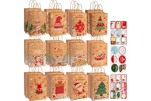 YIYAYOO 24pcs Small Christmas Paper Gift Bags Multipack 21x15cm Kraft Xmas Gift Wrapping Bag with Tags Handle, Gift Bags for Christmas Party Presents Goody Treat Sweet Candy Favors Bag for Kids Adults