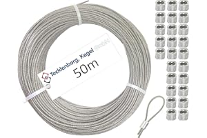 Edelstahlseilset - 50m, 7x7-1,5mm Ø Niro Drahtseil mit PVC (transparent/klar) auf 2,0 mm Außendurchmesser ummantelt & 25x Presshülsen - Tecklenborg, Kegel GmbH
