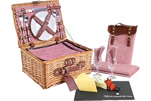 ‎EGENUSS eGenuss personalisierter Picknickkorb für 2 Personen, Weidenkorb mit isoliertem Kühlfach, Picknickdecke, Schieferschneidebrett, Tasche, Servietten – Hochwertige Keramik, Echtglas, Edelstahl | Rot