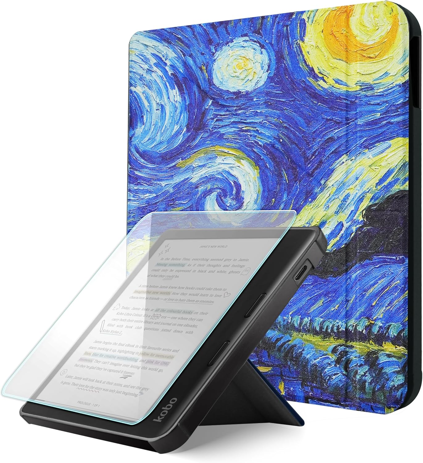 Case For Kobo Libra Colour/Kobo Libra 2, Includes a Case & Screen Protector - 7" Origami Cover Fit for Kobo Libra (Model N418/N428) with Auto Sleep/Wake(Starry Night, 7 icnh)