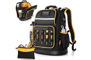 Heavy Duty Tool Backpack for Electricians and Contractors with Hard Bottom, Multiple Pockets, Padded Laptop Compartment, Water Resistant Fabric, Reinforced Stitching, Black