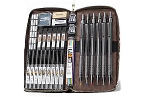 ‎STAGEEK STAGEEK 6Stück Druckbleistifte Set mit Ledertasche,0,5 0,7 0,9 2,0mm Minenbleistift,metall mechanischer bleistift mit 16 Minenröhrchen(6B–4H)&Farbnachfüllungen,für Skizzieren, Zeichnen,schwarz