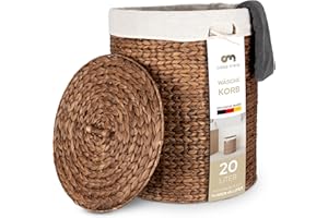 Casa Mina® Wäschesammler mit Deckel D30 x H45cm hoch I Atmungsaktiver Wäschekorb geflochten aus 100% Naturfaser I Robuster Wäschesammler mit Griffen & waschbarem Innensack I Wäschekörbe - Manila